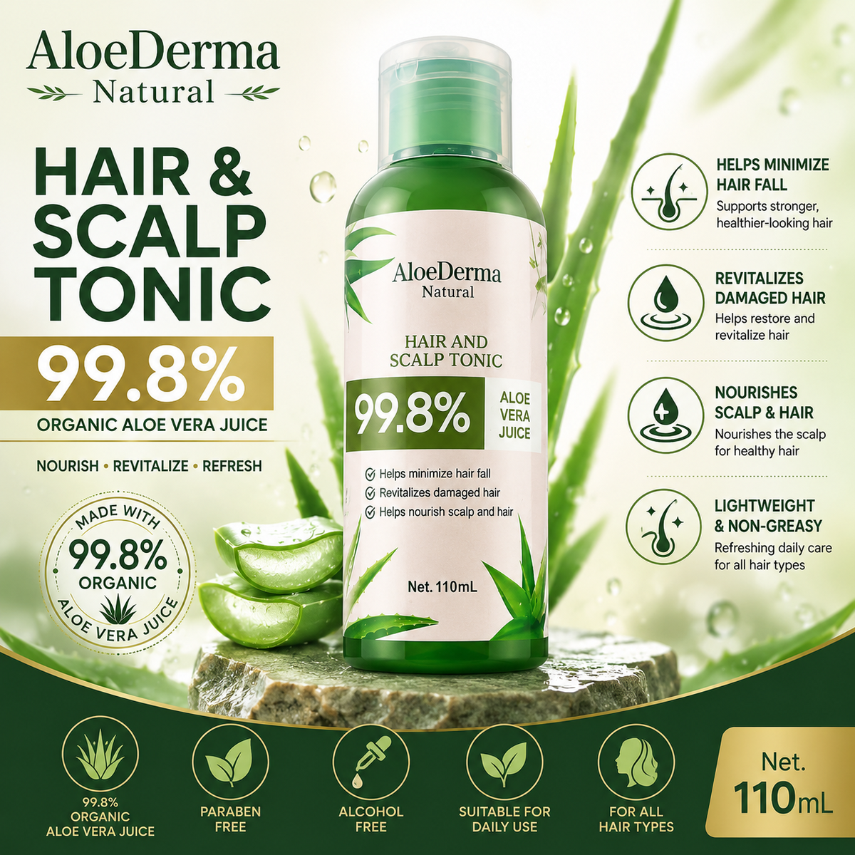 AloeDerma Natural Hair and Scalp Tonic 99.8% Aloe Vera Juice 110mL