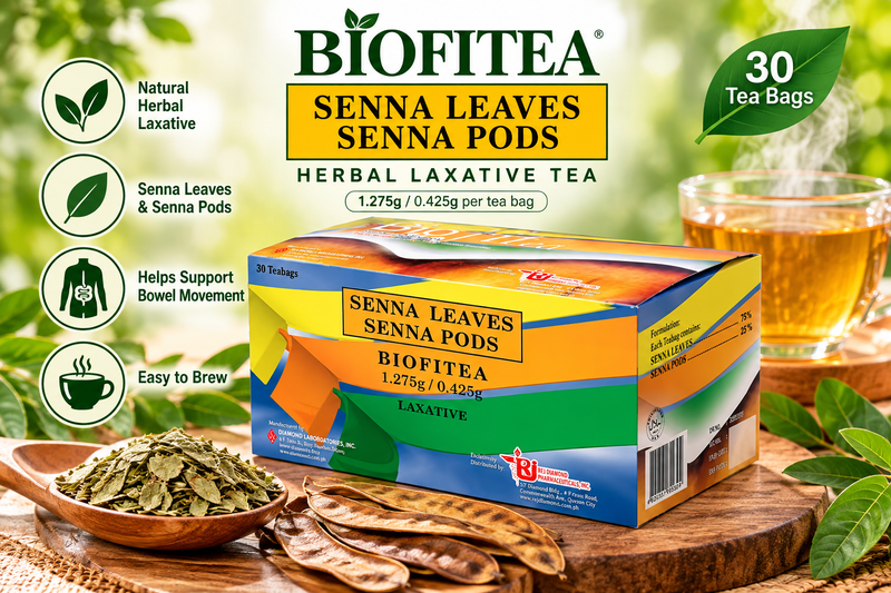 Biofitea Senna Leaves and Senna Pods herbal laxative tea, 30 tea bags, displayed with a steaming cup of amber tea, dried senna leaves, botanical pods, and green foliage on a wooden table.