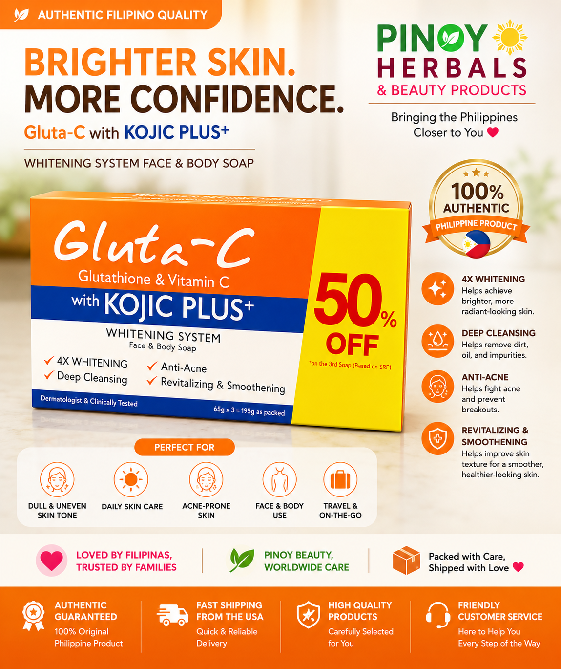 Gluta-C Kojic Plus Face & Body Soap – 3 Bars (180g Total)