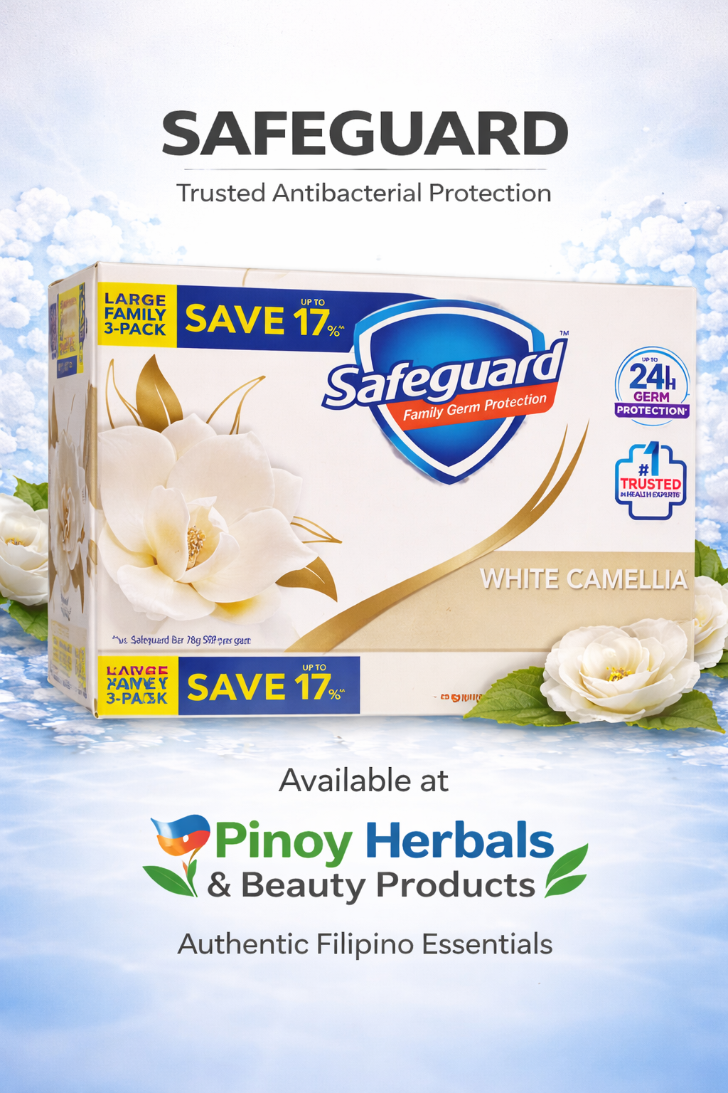 Safeguard White Camellia Antibacterial Soap – Large Family 3-Pack