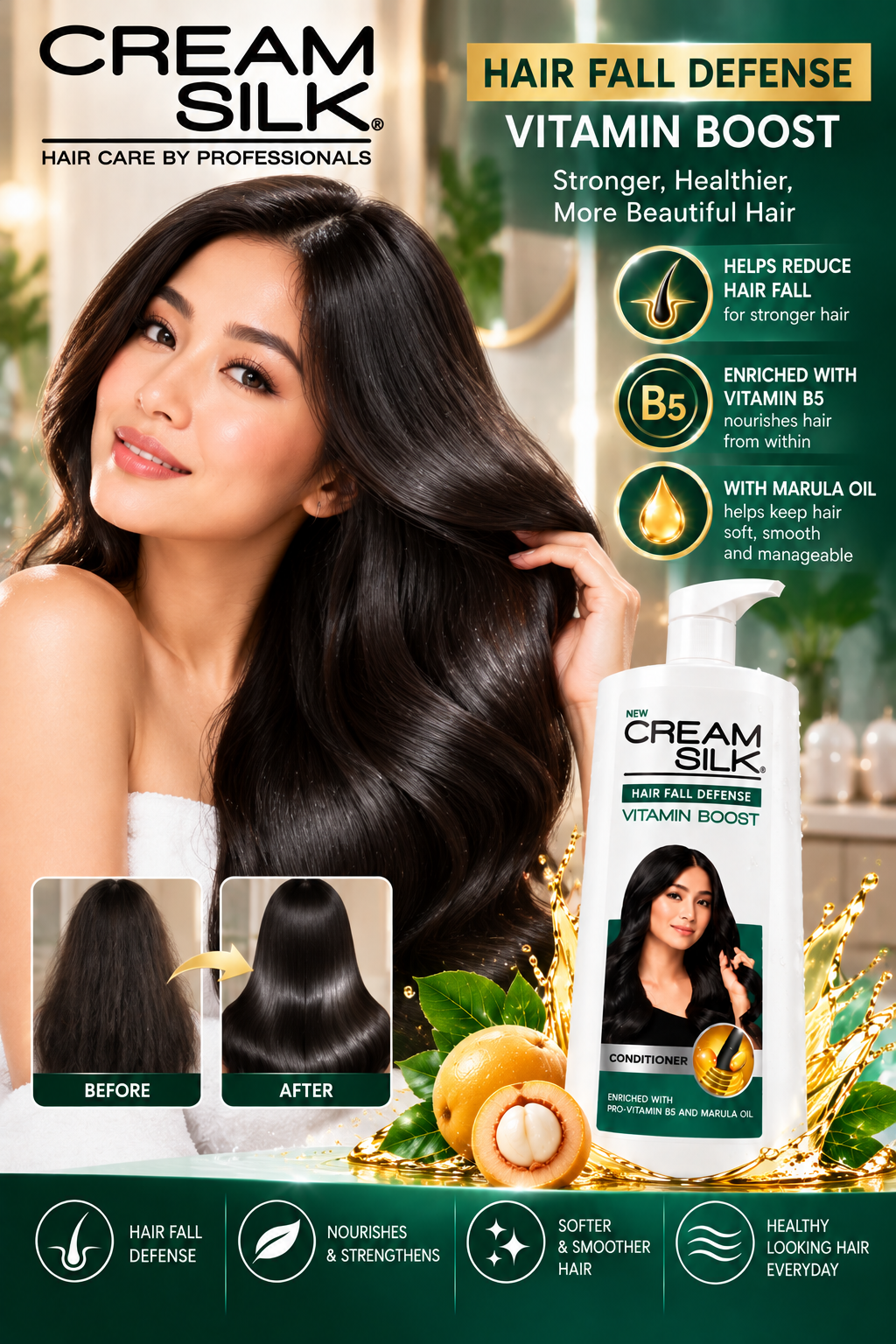 Cream Silk Hair Fall Defense Vitamin Boost Conditioner with Pro-Vitamin B5 and Marula Oil, displayed beside a woman with long, glossy black hair. Green and gold promotional background with hair care benefits and product bottle.