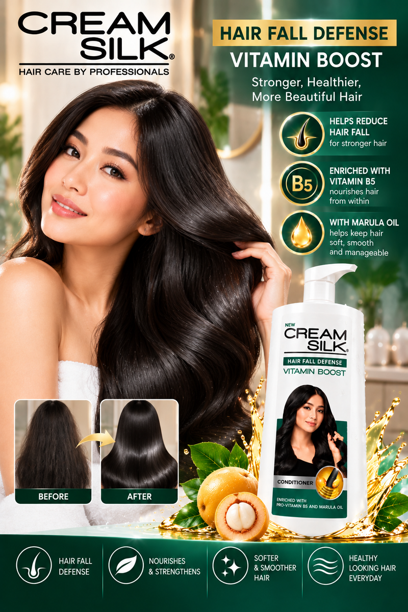 Cream Silk Hair Fall Defense Vitamin Boost Conditioner with Pro-Vitamin B5 and Marula Oil, displayed beside a woman with long, glossy black hair. Green and gold promotional background with hair care benefits and product bottle.