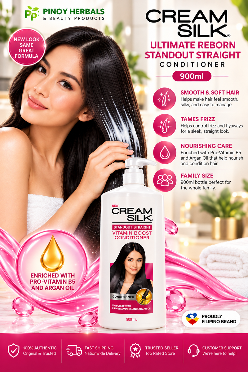Cream Silk Ultimate Reborn Standout Straight Conditioner 900 mL with Pro-Vitamin B5 and Argan Oil, shown beside a woman applying conditioner to long black hair, with pink accents and hair care benefit graphics.