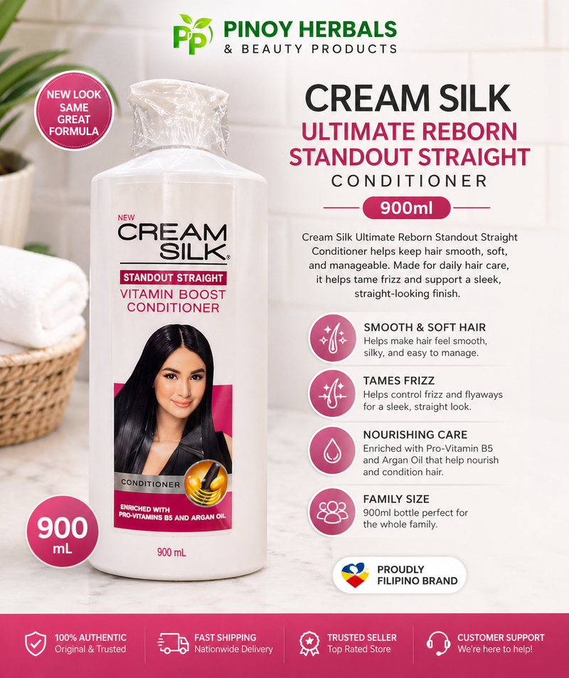 Cream Silk Ultimate Reborn Standout Straight Conditioner 900 mL with Pro-Vitamin B5 and Argan Oil, displayed in a white pump bottle with pink accents and promotional graphics highlighting smooth, soft, manageable hair.