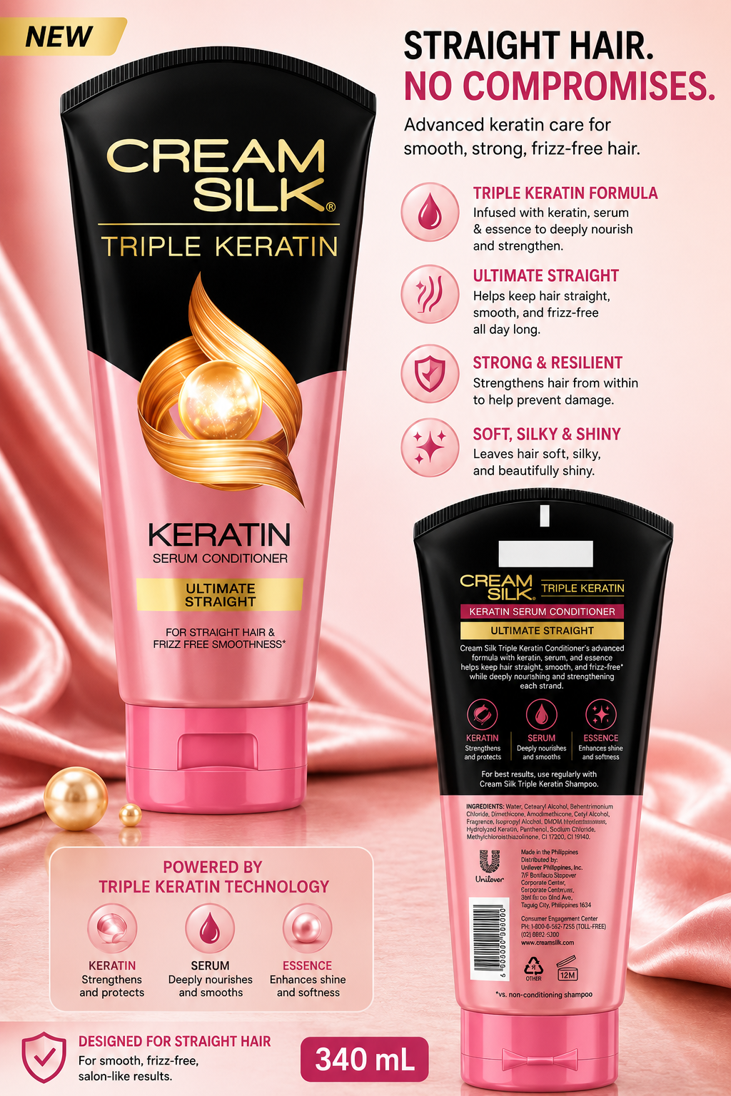 Cream Silk Triple Keratin Ultimate Straight Conditioner 340ml