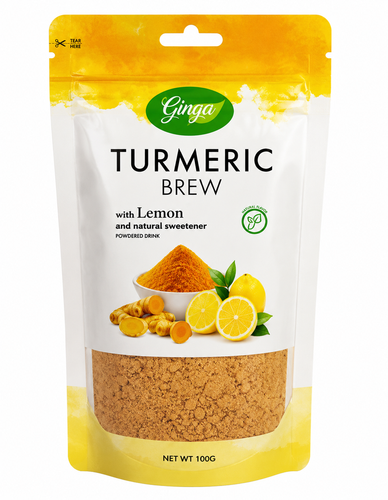 Ginga Turmeric Brew with Lemon packaging on a white background 