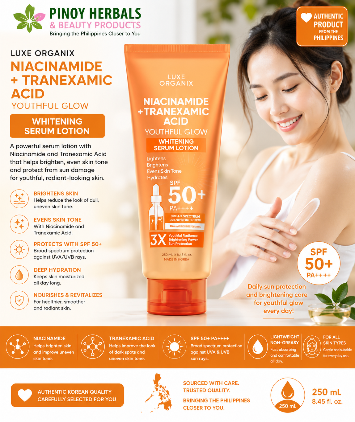 COMING SOON – Luxe Organix Niacinamide + Tranexamic Acid Youthful Glow Serum Lotion SPF 50+ 250 mL