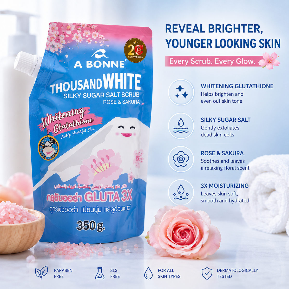 A Bonne Thousand White Silky Sugar Salt Scrub Rose & Sakura 350g Refill Pouch