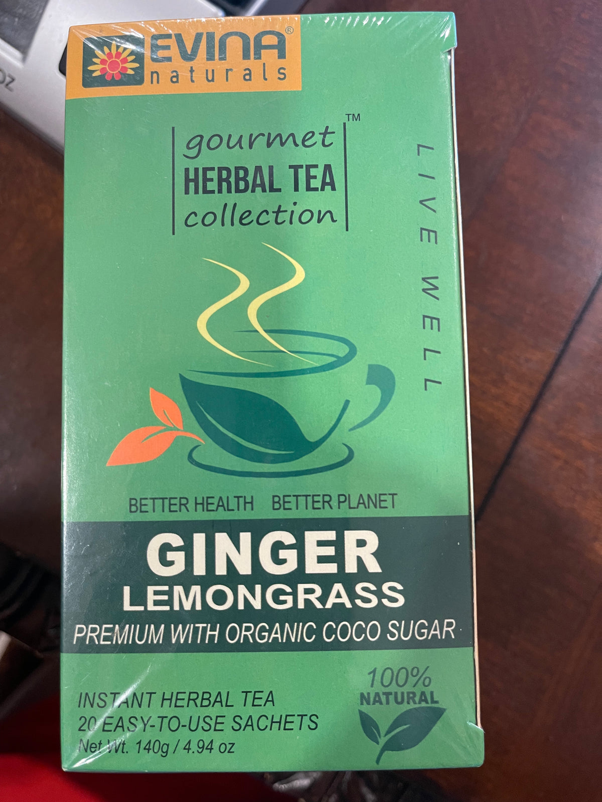 EVINA Naturals Ginger & Lemongrass Instant Herbal Tea with Organic Coconut Sugar – 20 Sachets (140 g / 4.94 oz)