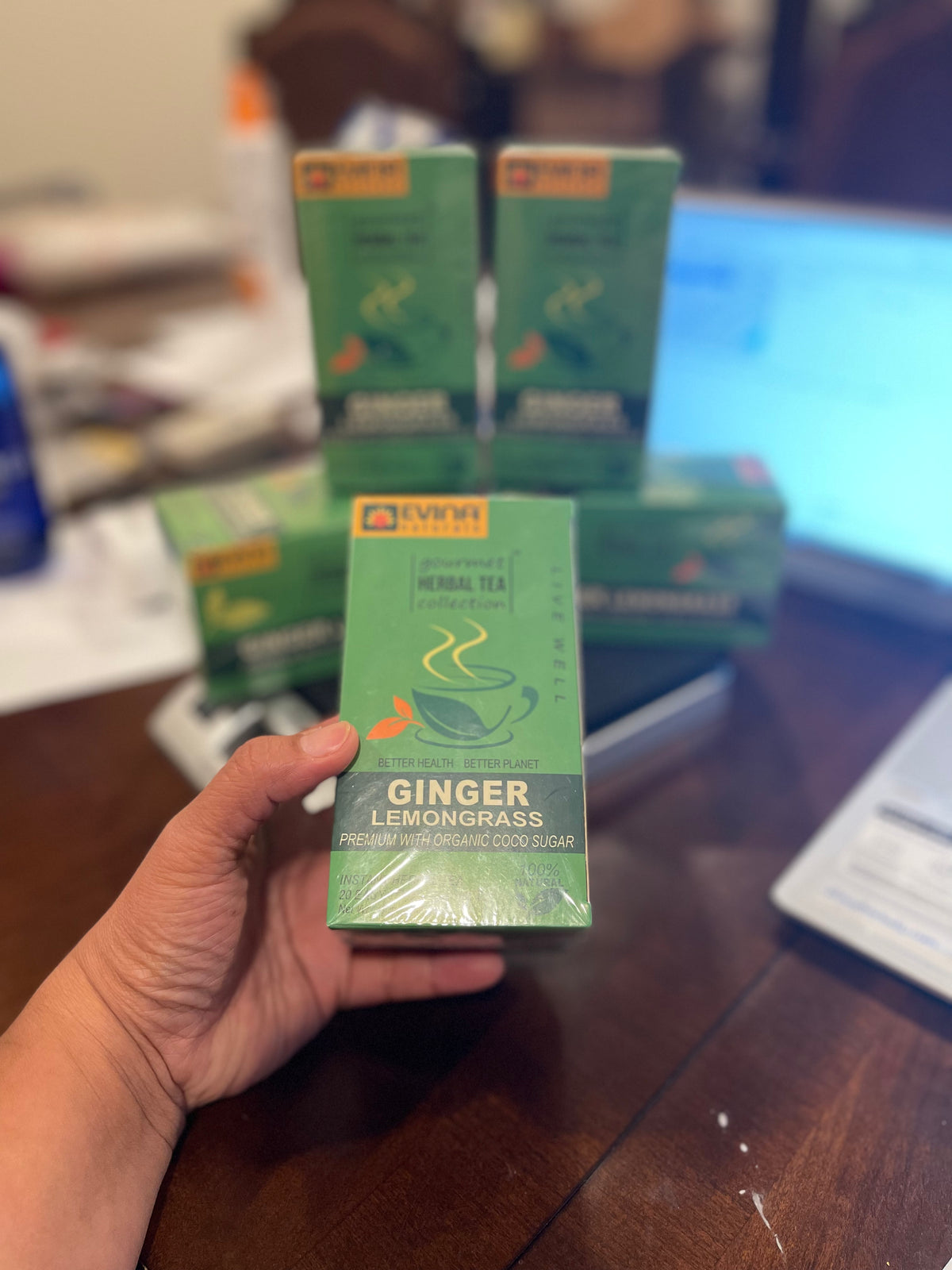 EVINA Naturals Ginger & Lemongrass Instant Herbal Tea with Organic Coconut Sugar – 20 Sachets (140 g / 4.94 oz)