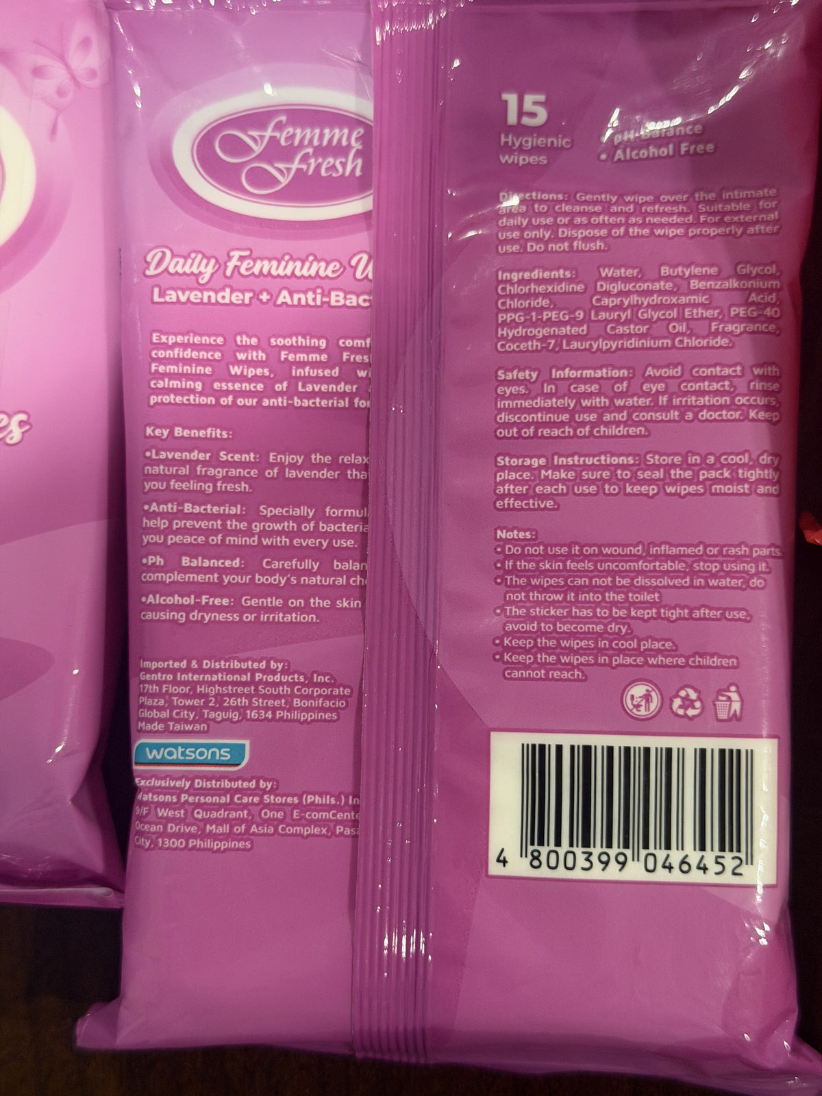 FEMME FRESH Lavender + Antibacterial Daily Feminine Wipes 15 Wipes