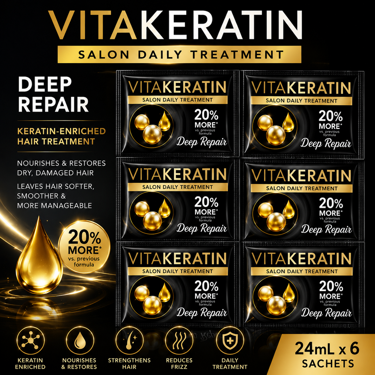 Vitakeratin Salon Daily Treatment Deep Repair Hair Treatment 24mL x 6 Sachets