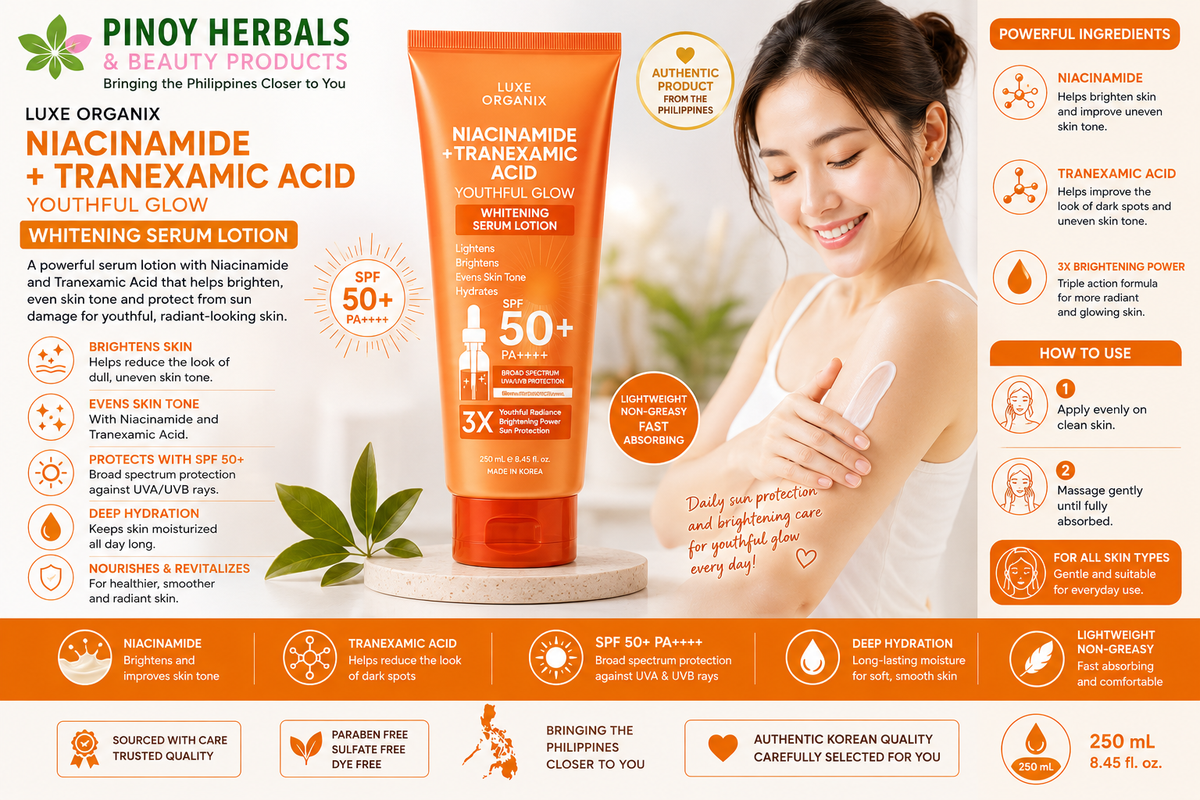 COMING SOON – Luxe Organix Niacinamide + Tranexamic Acid Youthful Glow Serum Lotion SPF 50+ 250 mL