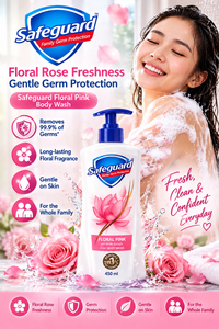 Safeguard Floral Pink 2-in-1 Body Wash 450 mL with a smiling woman applying creamy lather to her shoulder in the shower. Pink roses, water splashes, and floral graphics surround the white pump bottle in a promotional image highlighting freshness and everyday body care.