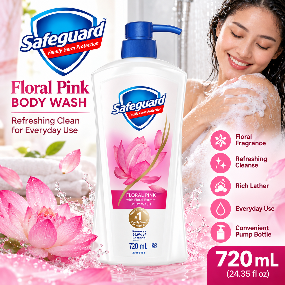 Safeguard Floral Pink Body Wash 720 mL pump bottle with pink lotus flowers and a woman using body wash in the shower. Promotional image highlighting floral fragrance, refreshing cleansing, rich lather, and everyday use.