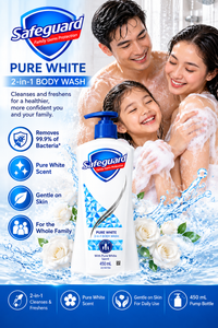 Safeguard Pure White 2-in-1 Body Wash 450 mL pump bottle featured with a smiling family of three in a shower-themed promotional image, surrounded by white roses, blue water splashes, and product benefit icons highlighting cleansing, freshness, and everyday family care.