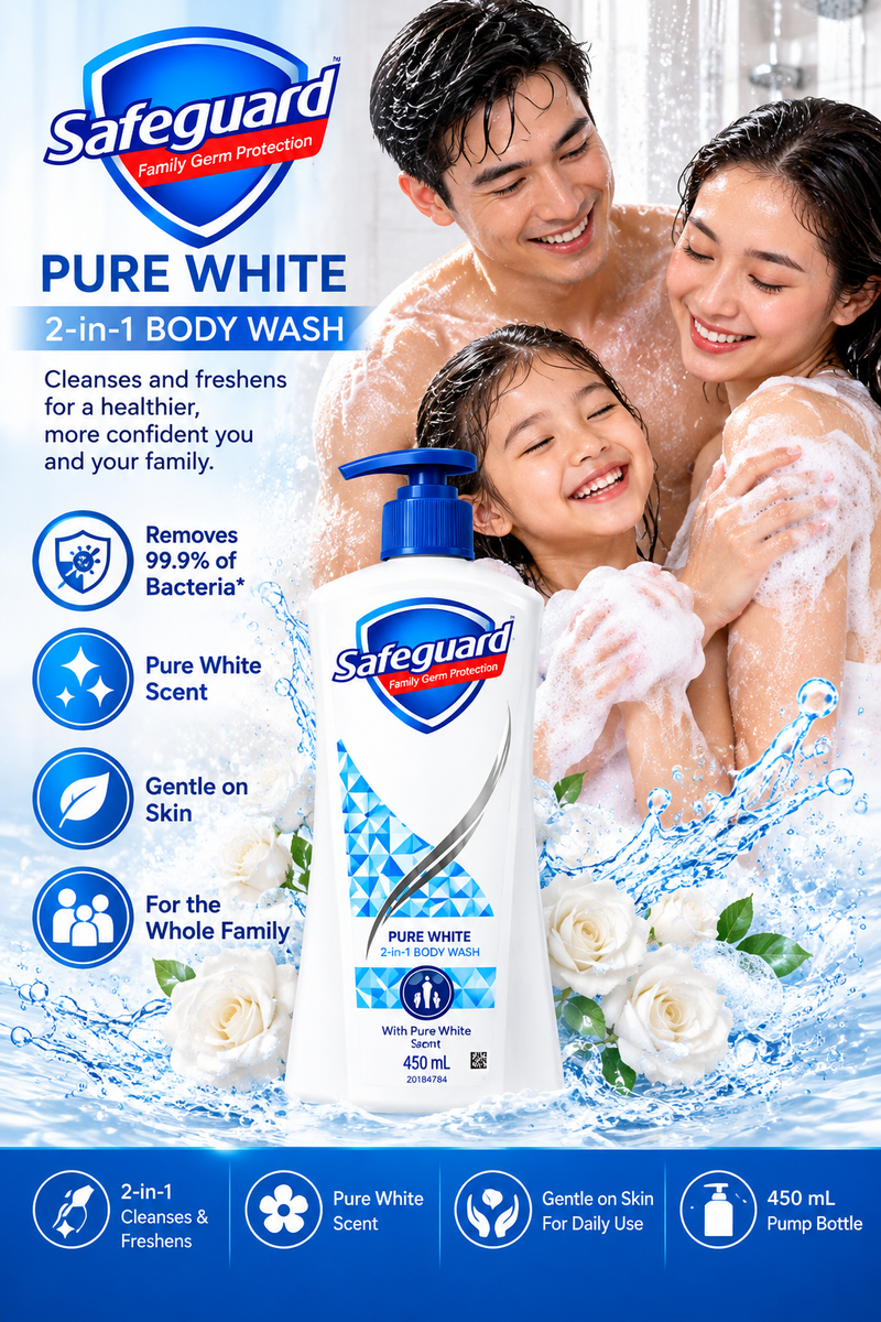 Safeguard Pure White 2-in-1 Body Wash 450 mL pump bottle featured with a smiling family of three in a shower-themed promotional image, surrounded by white roses, blue water splashes, and product benefit icons highlighting cleansing, freshness, and everyday family care.