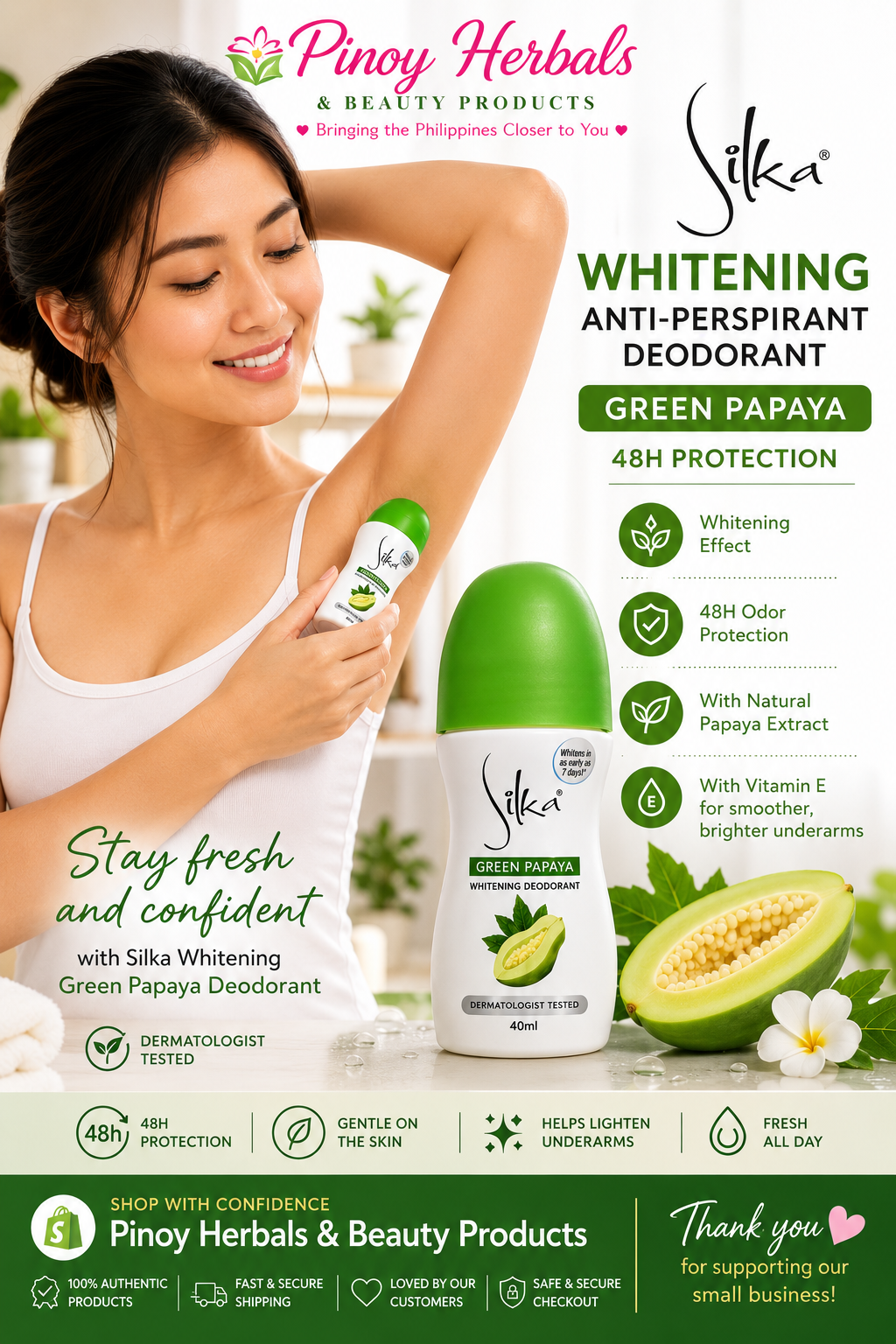 Silka Green Papaya Deodorant Roll-On – Fresh & Smooth Underarm Care (40ml)