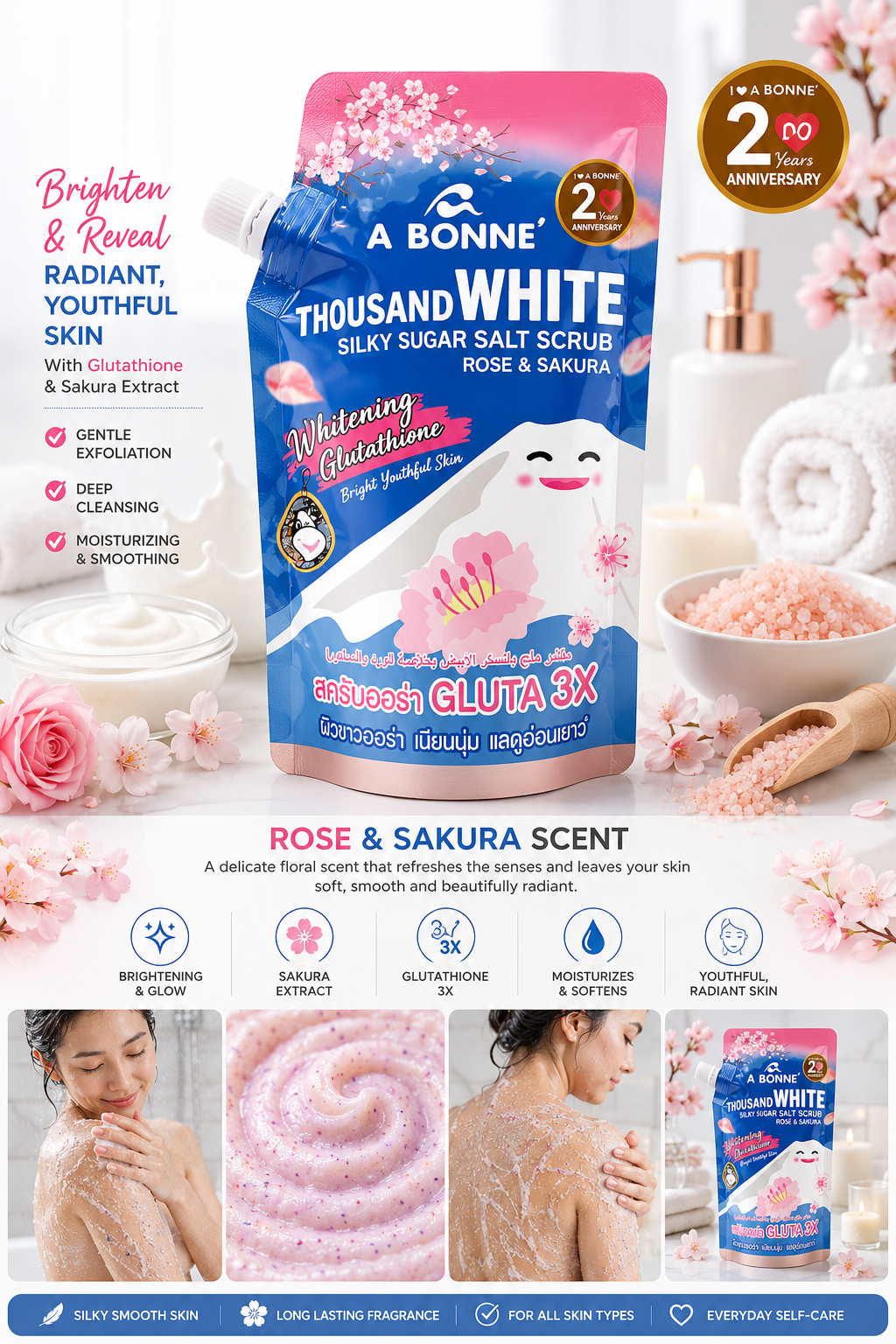 A Bonne Thousand White Silky Sugar Salt Scrub Rose & Sakura 350g Refill Pouch
