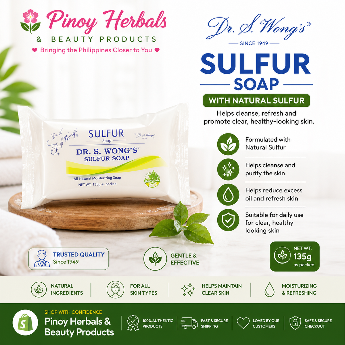 Dr. Wong’s Sulfur Soap with Aloe Vera – Gentle Cleansing Bar (135g)