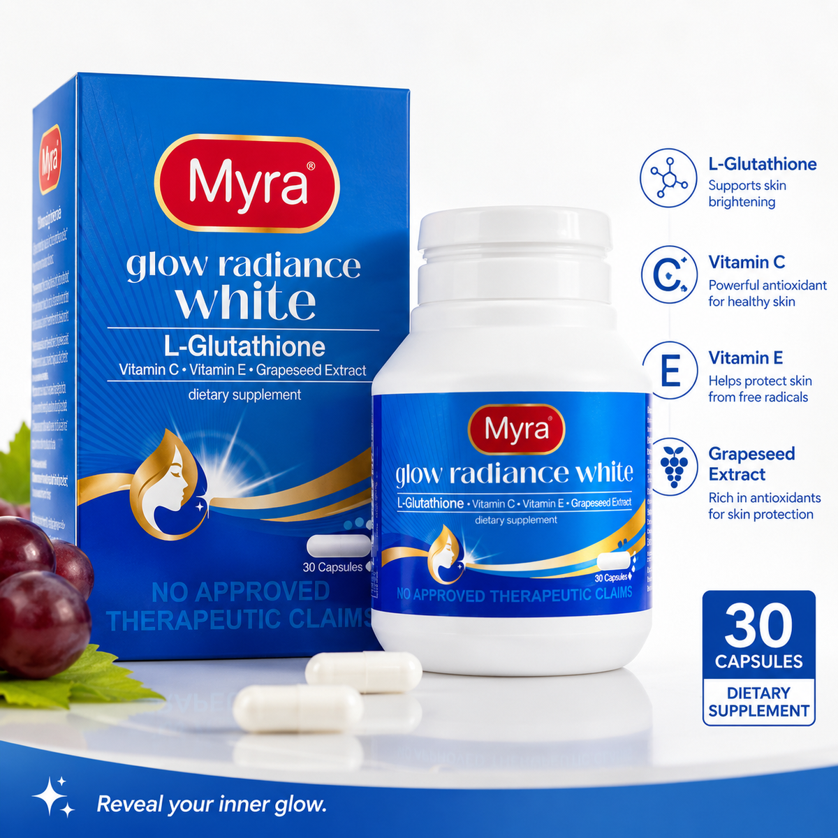 MYRA WHITE MYRA Glow Radiance White Bottle 30 Capsules - Coming soon