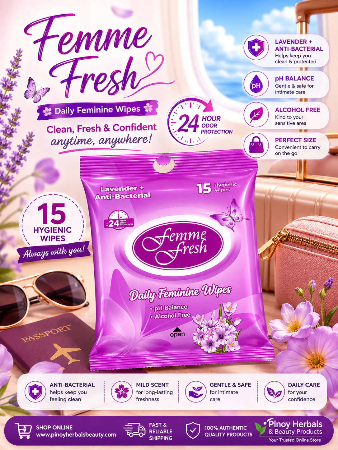 FEMME FRESH Lavender + Antibacterial Daily Feminine Wipes 15 Wipes