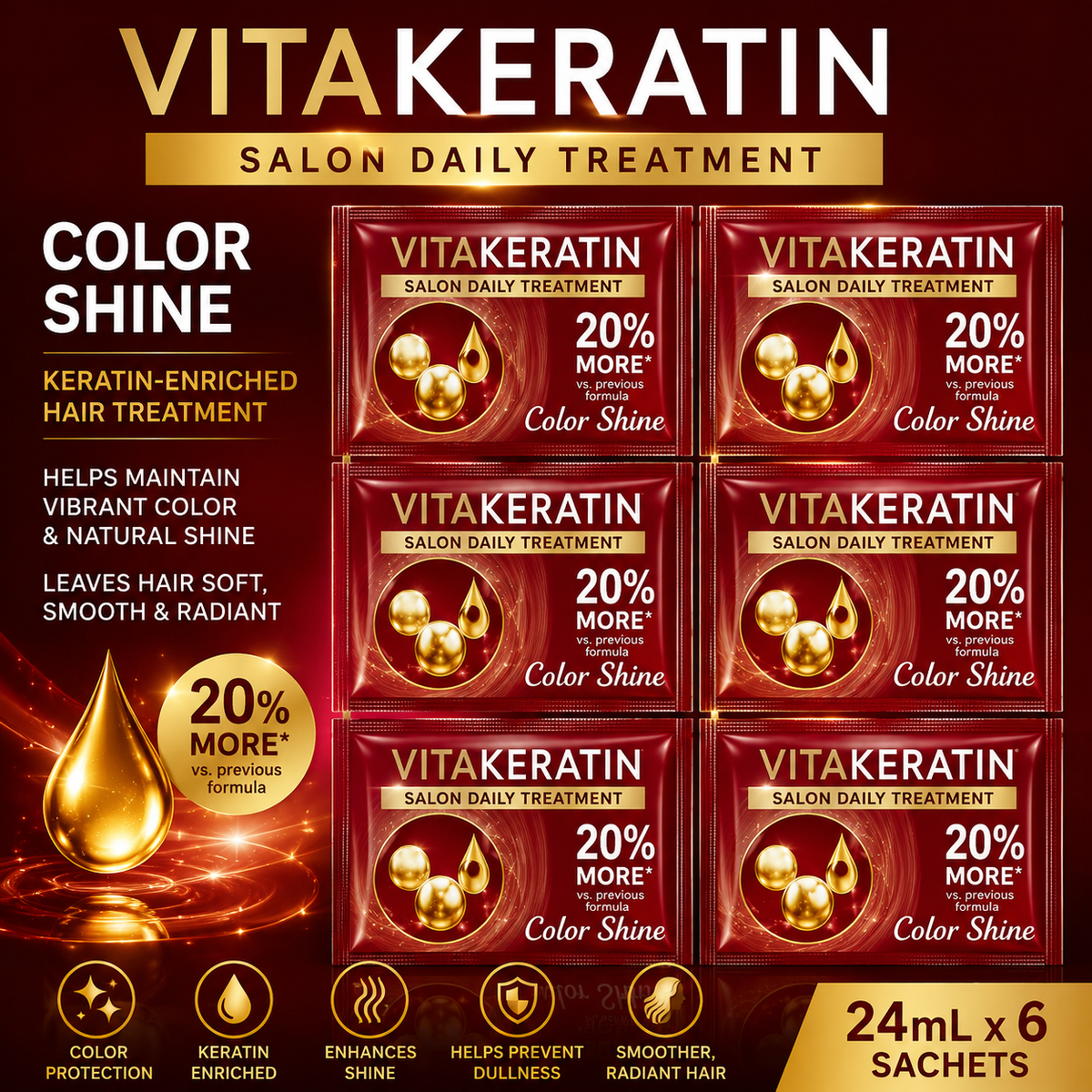 Vitakeratin Salon Daily Treatment Color Shine Hair Treatment 24mL x 6 Sachets