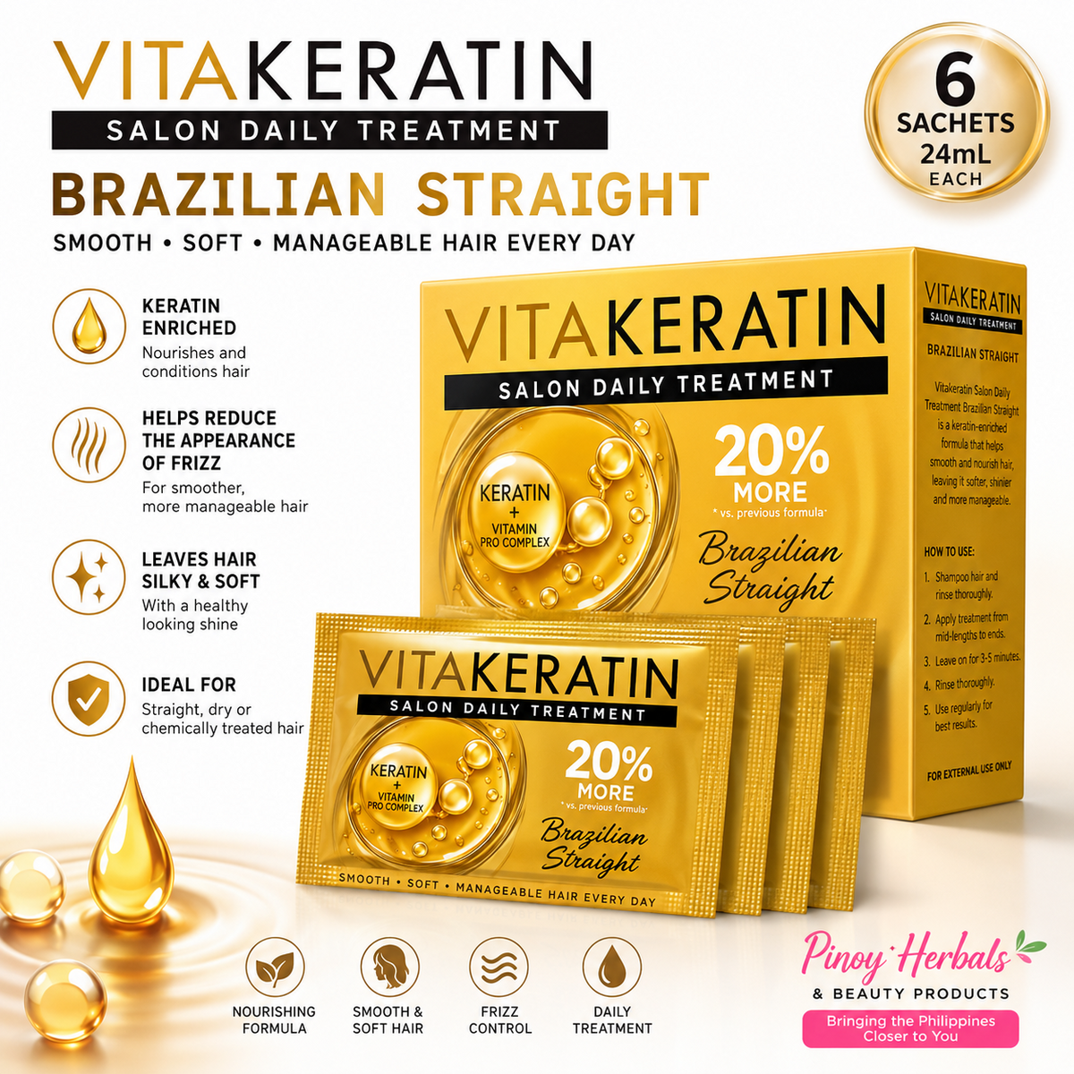 Vitakeratin Salon Daily Treatment Brazilian Straight Hair Treatment 24mL x 6 Sachets