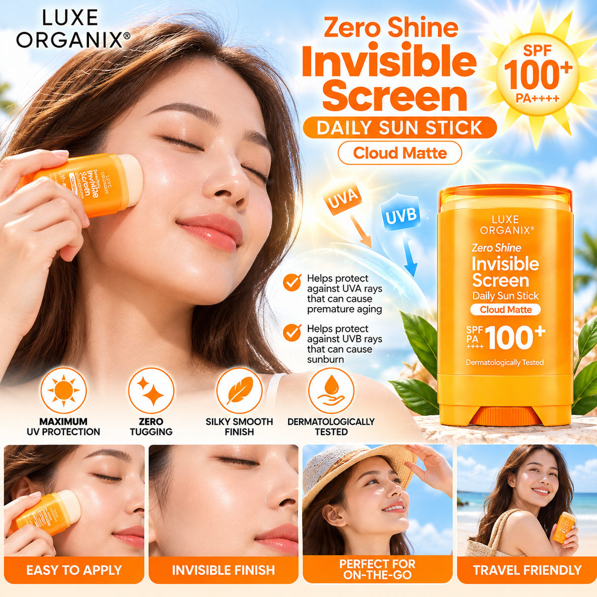 Luxe Organix Zero Shine Invisible Screen Daily Sun Stick Cloud Matte SPF 100+ PA++++