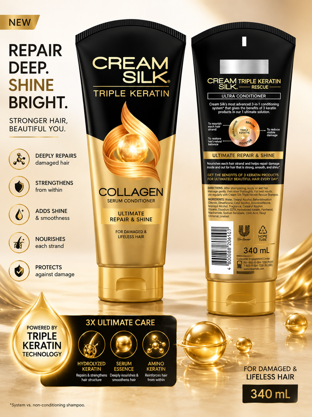 Cream Silk Triple Keratin Collagen Conditioner 340ml – Ultimate Repair & Shine