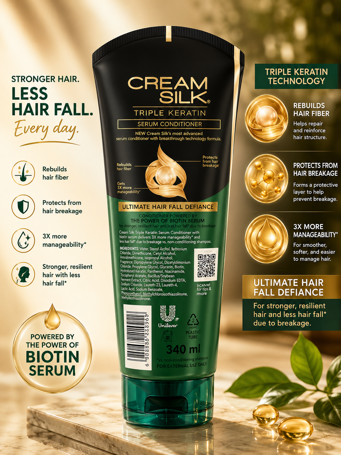 Cream Silk Triple Keratin Biotin Hair Fall Defiance Conditioner 340ml