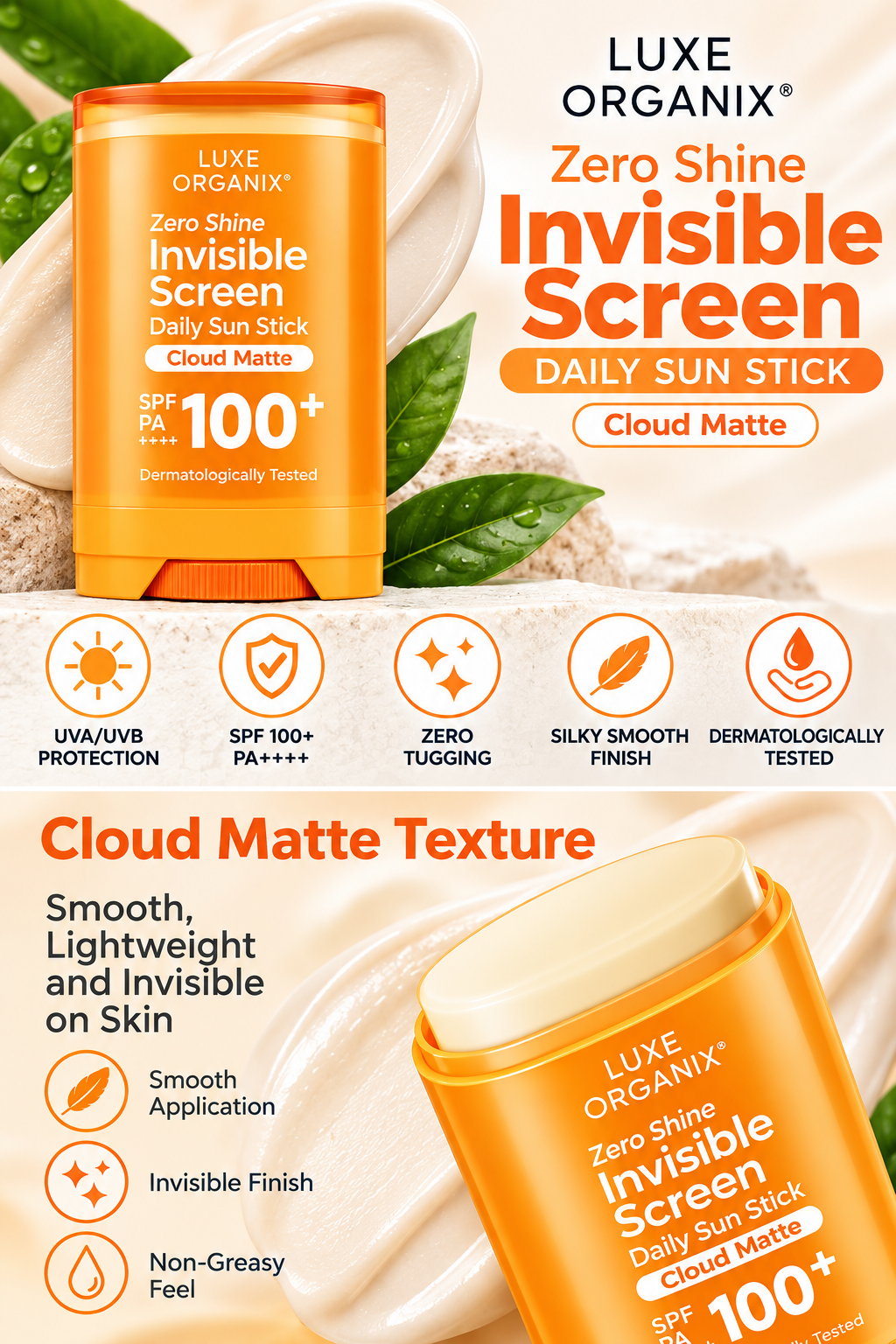 Luxe Organix Zero Shine Invisible Screen Daily Sun Stick Cloud Matte SPF 100+ PA++++