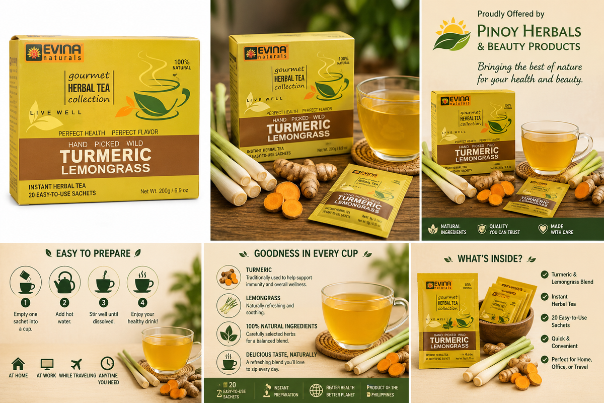 Evina Naturals Turmeric Lemongrass Instant Herbal Tea – 20 Sachets (200g)