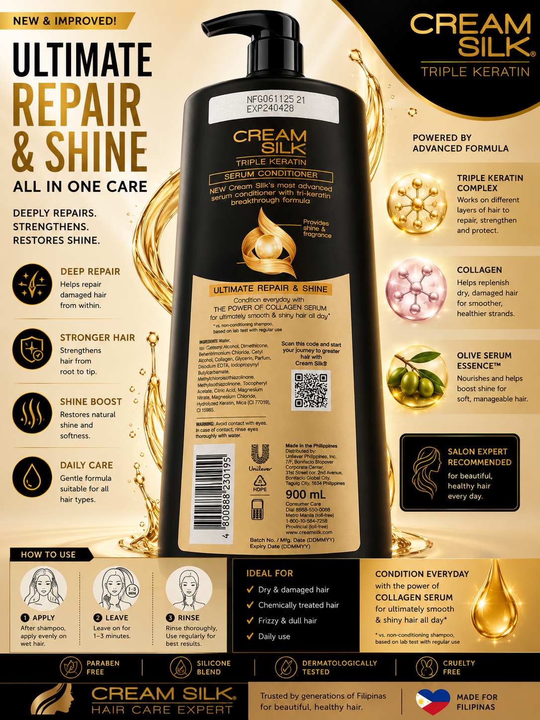 Cream Silk Triple Keratin Ultimate Repair & Shine Conditioner 900ml