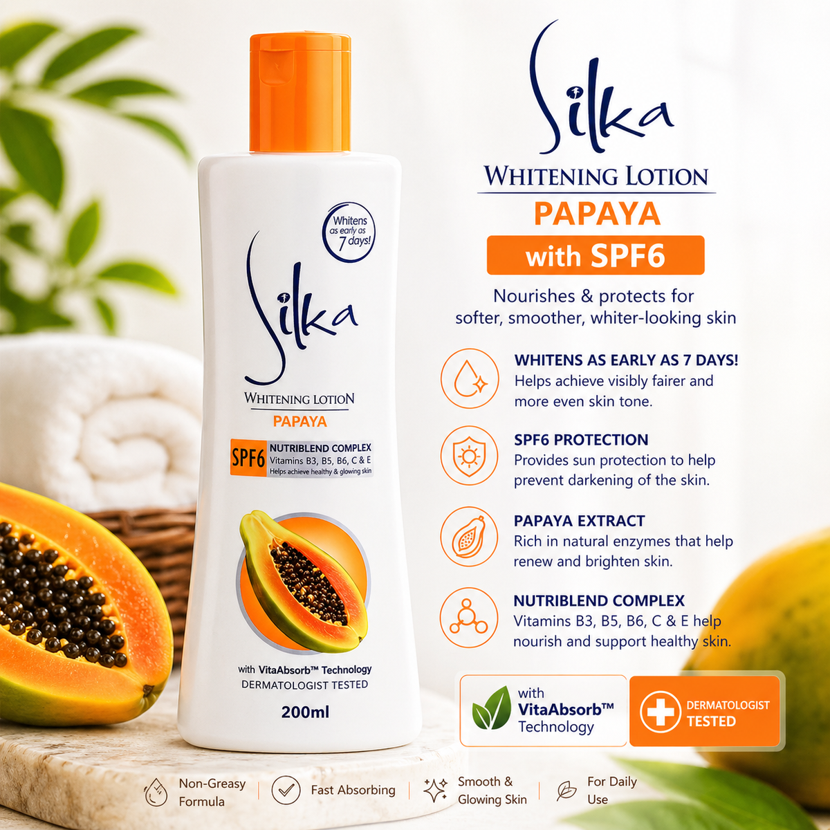 Silka Papaya Whitening Lotion SPF6 200ml